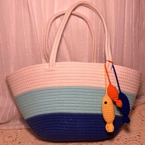 Blue Striped Woven Beachy Tote Bag
